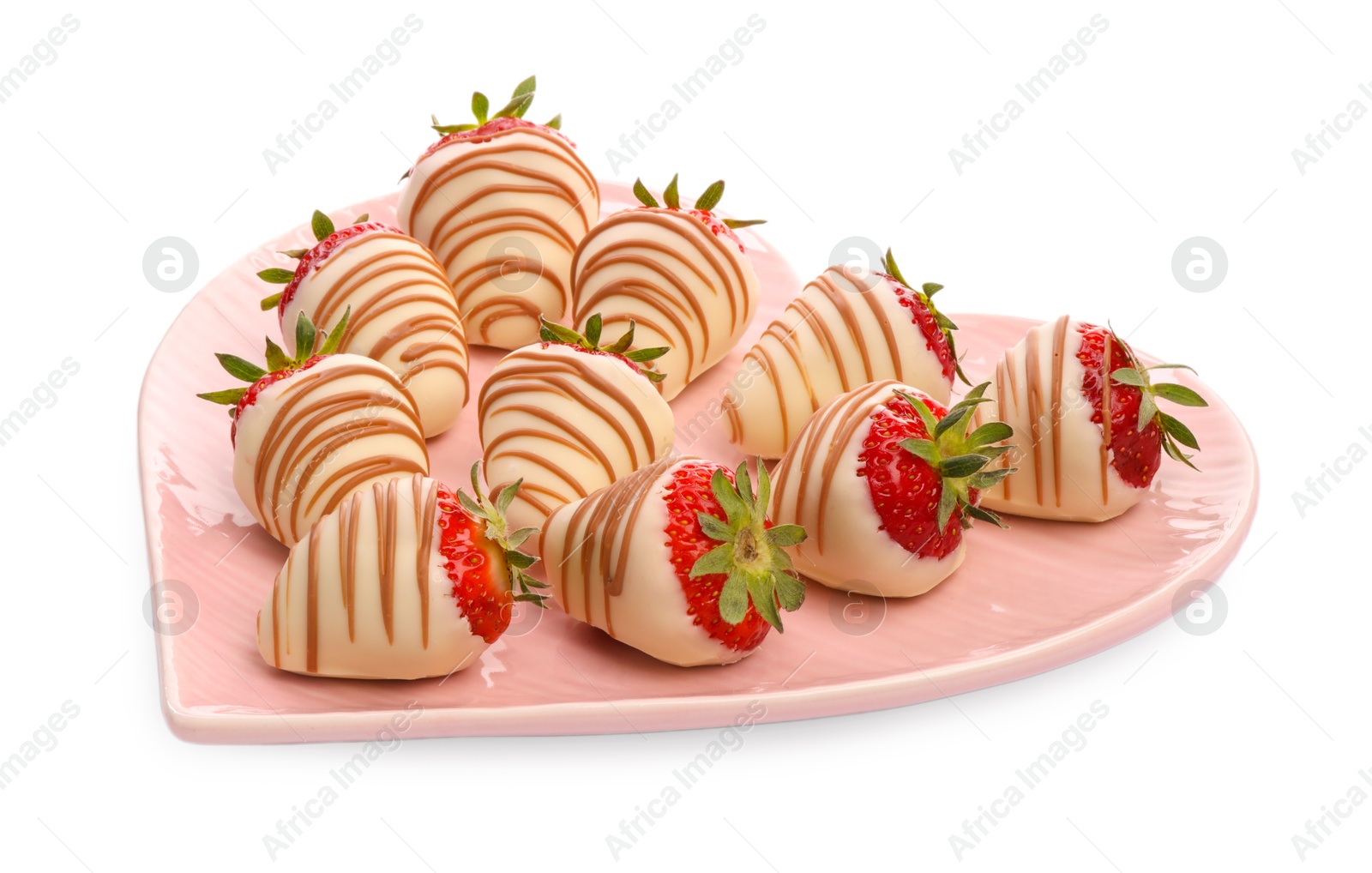 Photo of Heart shaped plate with delicious chocolate covered strawberries isolated on white