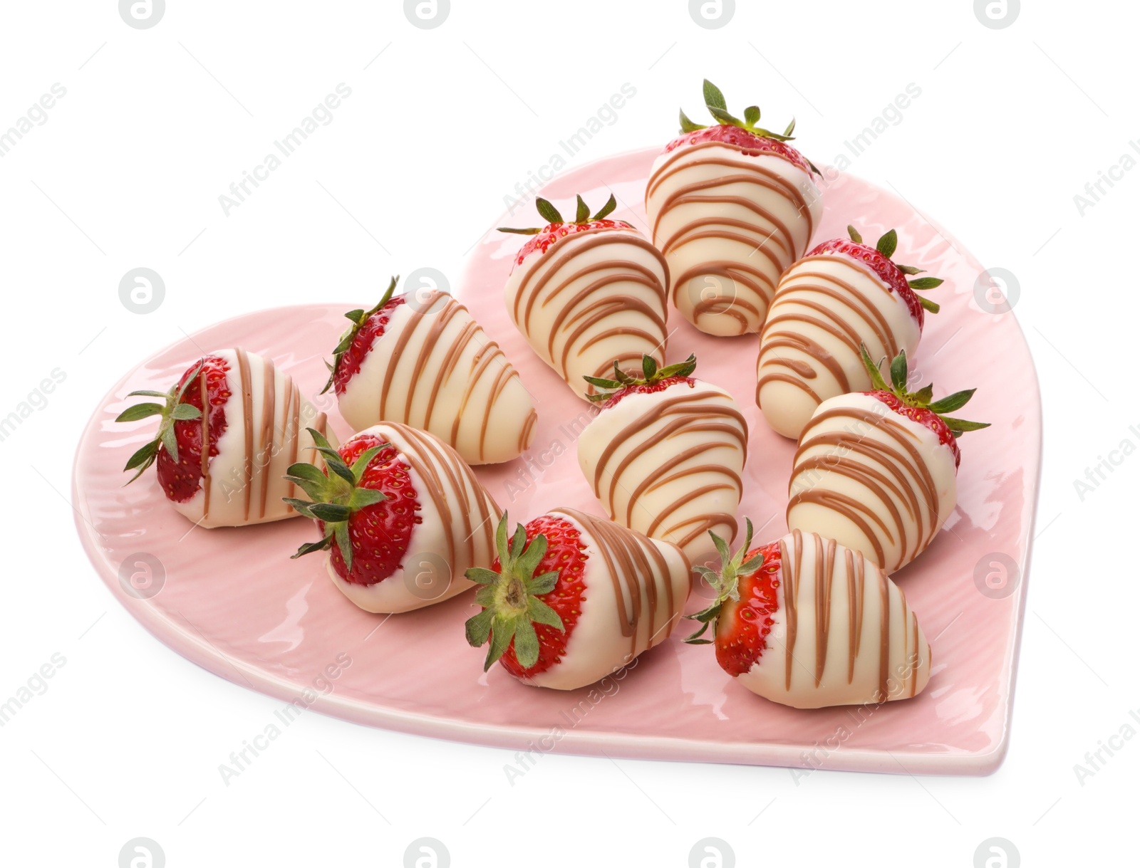 Photo of Heart shaped plate with delicious chocolate covered strawberries isolated on white