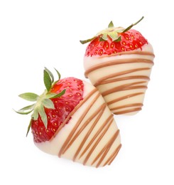 Photo of Delicious chocolate covered strawberries isolated on white, top view