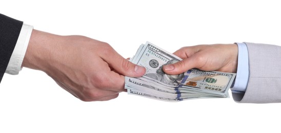 Photo of Money exchange. Man giving dollar banknotes to woman on white background, closeup