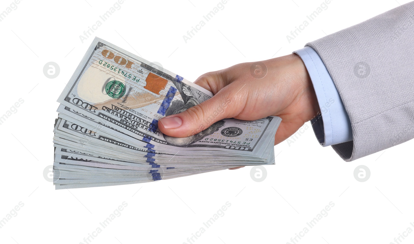 Photo of Money exchange. Woman holding dollar banknotes on white background, closeup