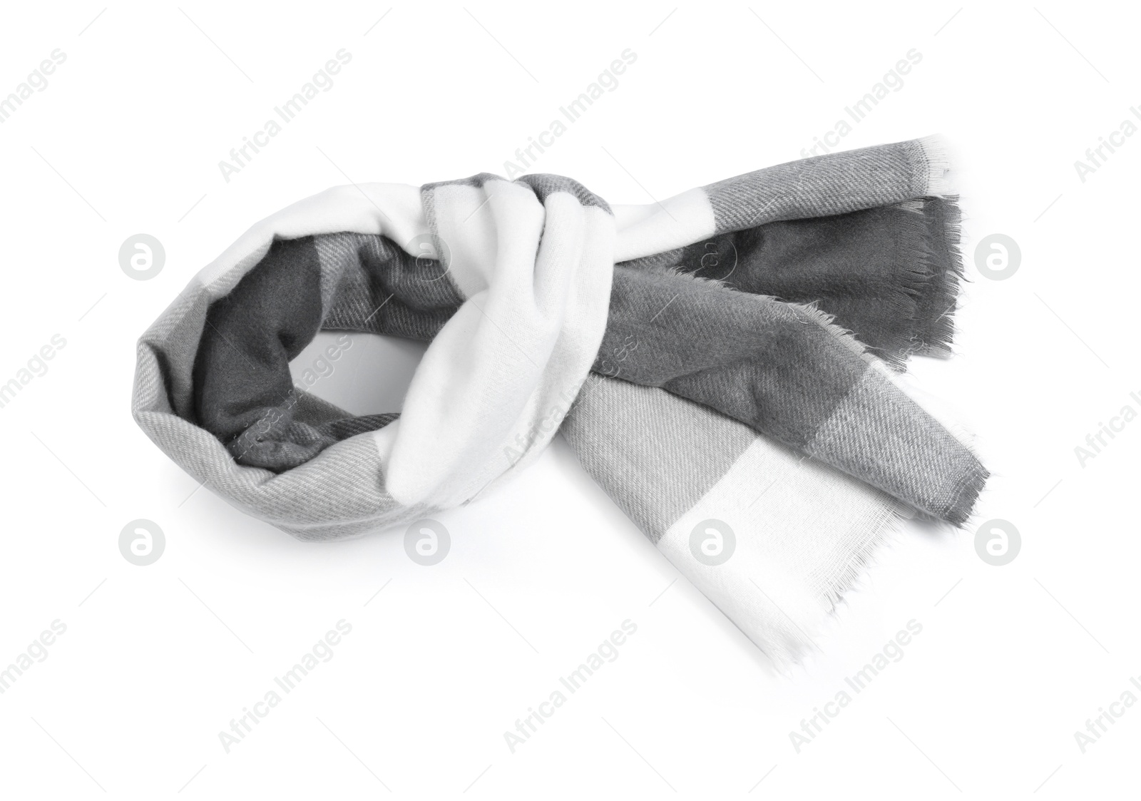 Photo of One beautiful checkered scarf on white background, top view