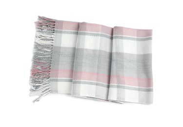 Photo of One beautiful checkered scarf on white background, top view