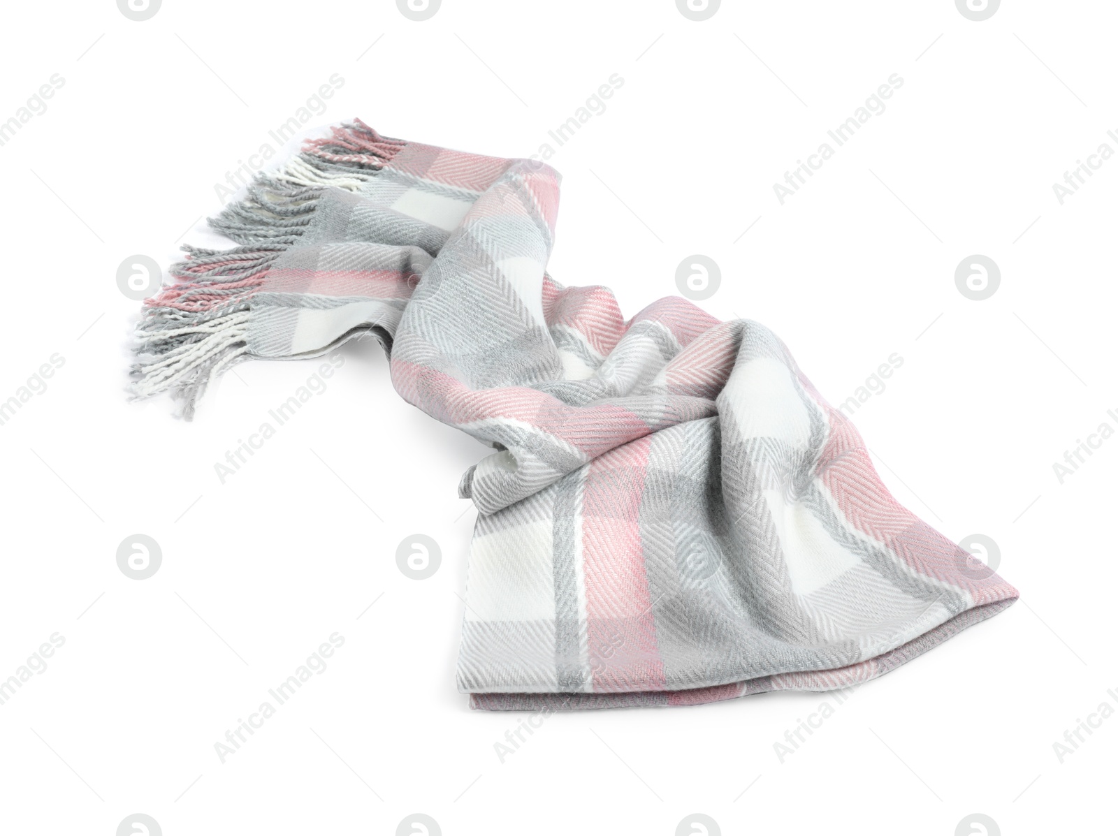 Photo of One beautiful checkered scarf on white background
