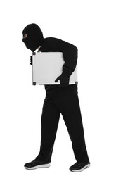 Thief in balaclava with briefcase of money on white background