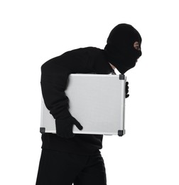 Thief in balaclava with briefcase of money on white background