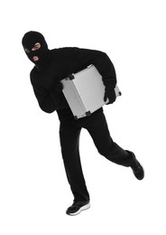 Thief in balaclava running with briefcase of money on white background