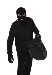 Photo of Thief in balaclava with bag on white background