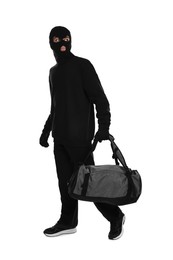 Thief in balaclava with bag on white background