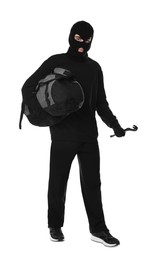 Thief in balaclava with crowbar and bag on white background