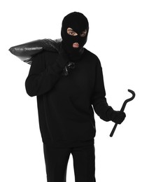 Photo of Thief in balaclava with crowbar and bag on white background