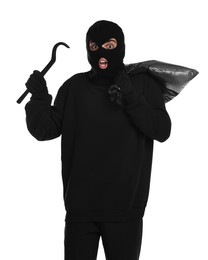 Photo of Emotional thief in balaclava with crowbar and bag on white background