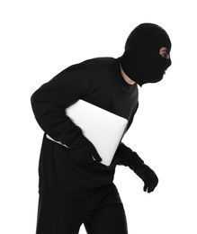 Photo of Thief in balaclava with laptop on white background