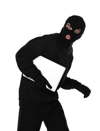 Photo of Thief in balaclava with laptop on white background