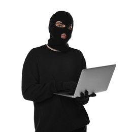 Photo of Thief in balaclava with laptop on white background