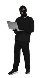 Photo of Thief in balaclava with laptop on white background