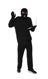 Photo of Emotional thief in balaclava with laptop raising hand on white background