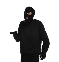 Photo of Thief in balaclava with gun on white background