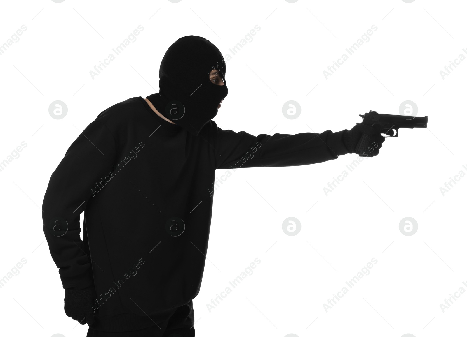 Photo of Thief in balaclava with gun on white background