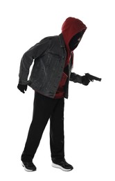 Thief in balaclava with gun on white background