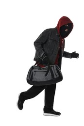 Thief in balaclava with bag running on white background