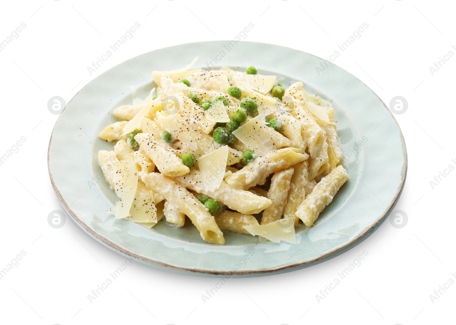 Photo of Delicious pasta with green peas, cheese and creamy sauce isolated on white