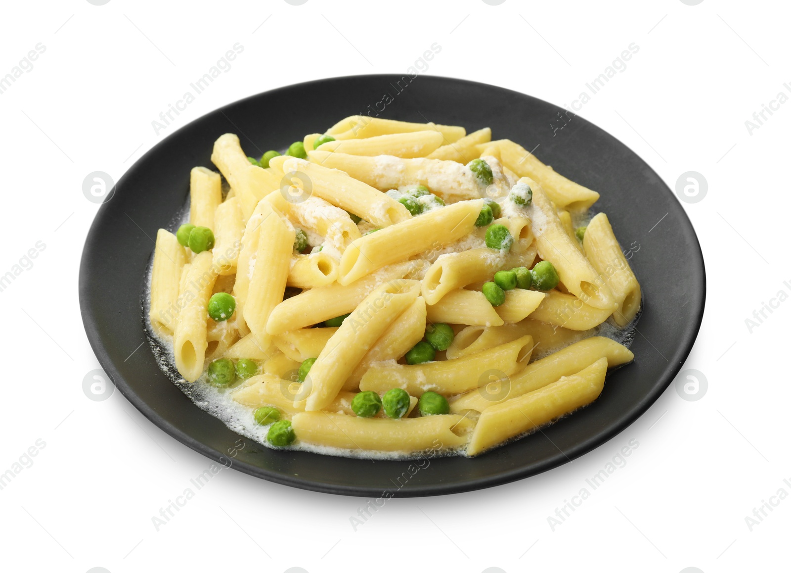 Photo of Delicious pasta with green peas and creamy sauce isolated on white