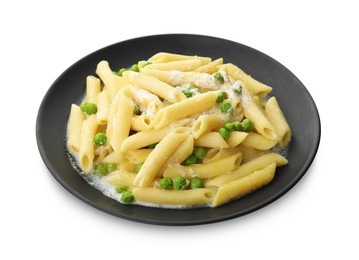 Delicious pasta with green peas and creamy sauce isolated on white