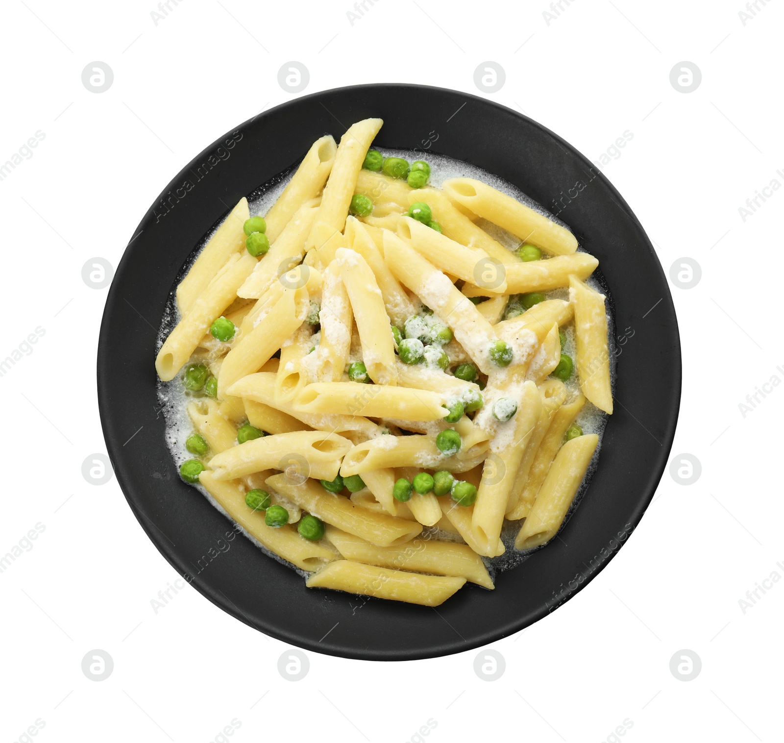 Photo of Delicious pasta with green peas and creamy sauce isolated on white, top view