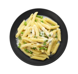 Delicious pasta with green peas and creamy sauce isolated on white, top view