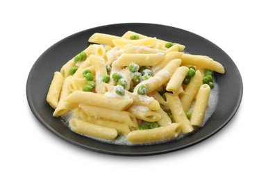 Delicious pasta with green peas and creamy sauce isolated on white