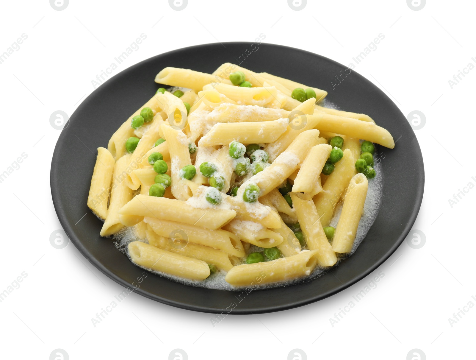 Photo of Delicious pasta with green peas and creamy sauce isolated on white