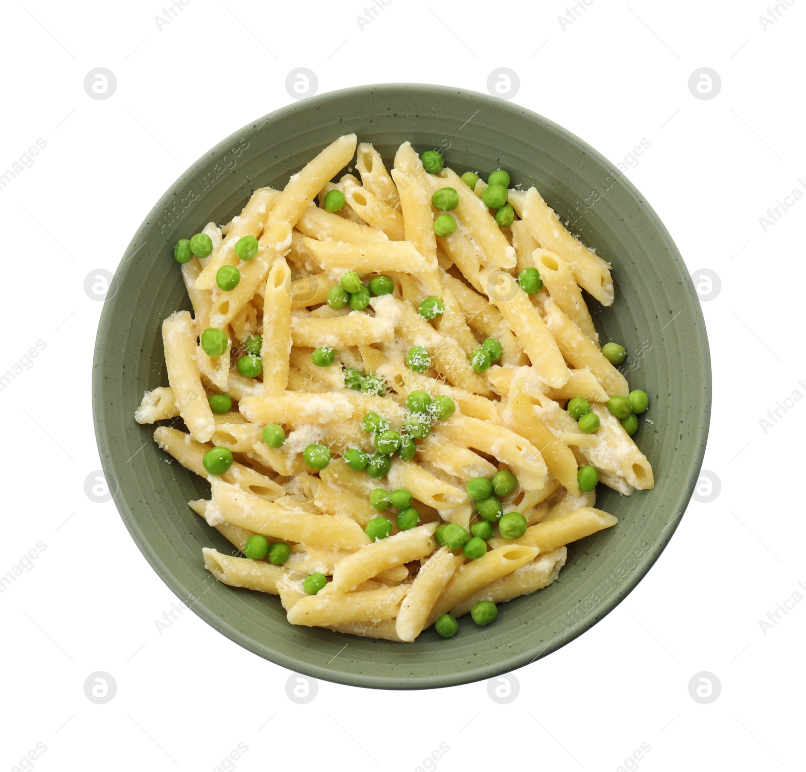 Photo of Delicious pasta with green peas and cheese in bowl isolated on white, top view