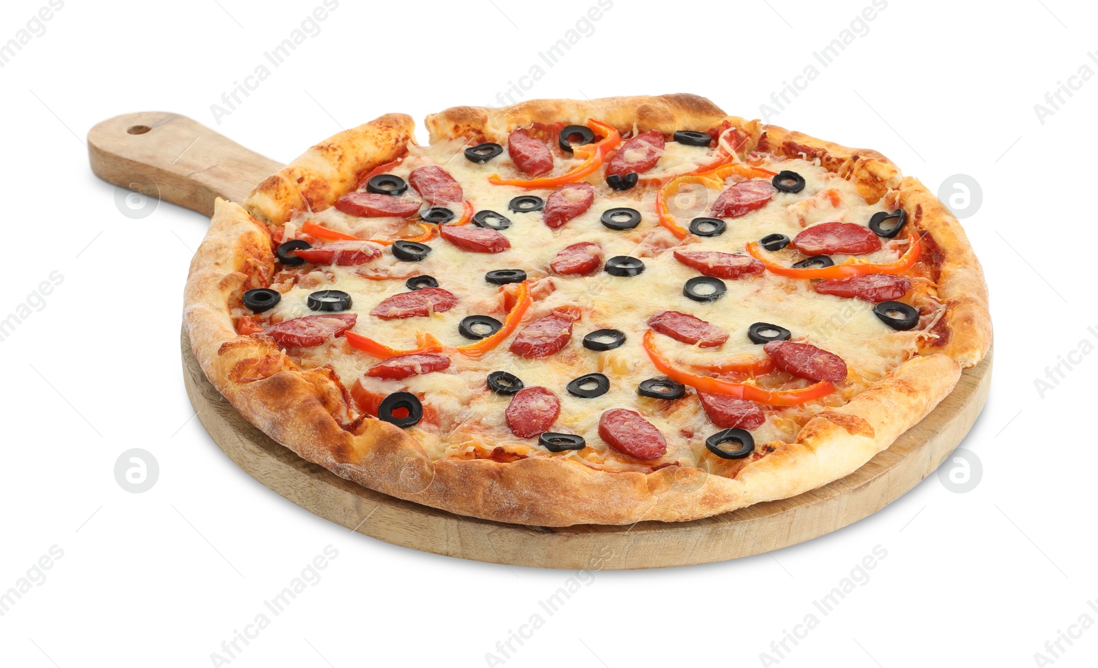 Photo of Tasty pizza with cheese, dry smoked sausages, olives and pepper isolated on white