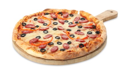 Tasty pizza with cheese, dry smoked sausages, olives and pepper isolated on white