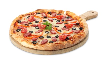 Photo of Tasty pizza with cheese, dry smoked sausages, olives, pepper and tomato isolated on white