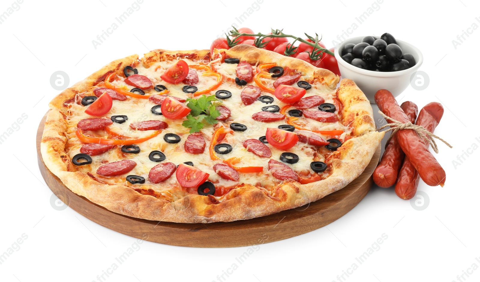 Photo of Tasty pizza with cheese, dry smoked sausages, olives, pepper and tomatoes isolated on white