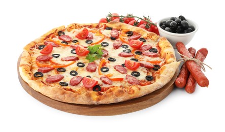 Tasty pizza with cheese, dry smoked sausages, olives, pepper and tomatoes isolated on white