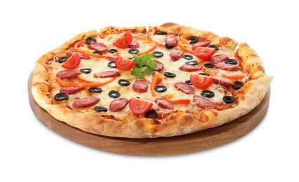 Tasty pizza with cheese, dry smoked sausages, olives, pepper and tomato isolated on white