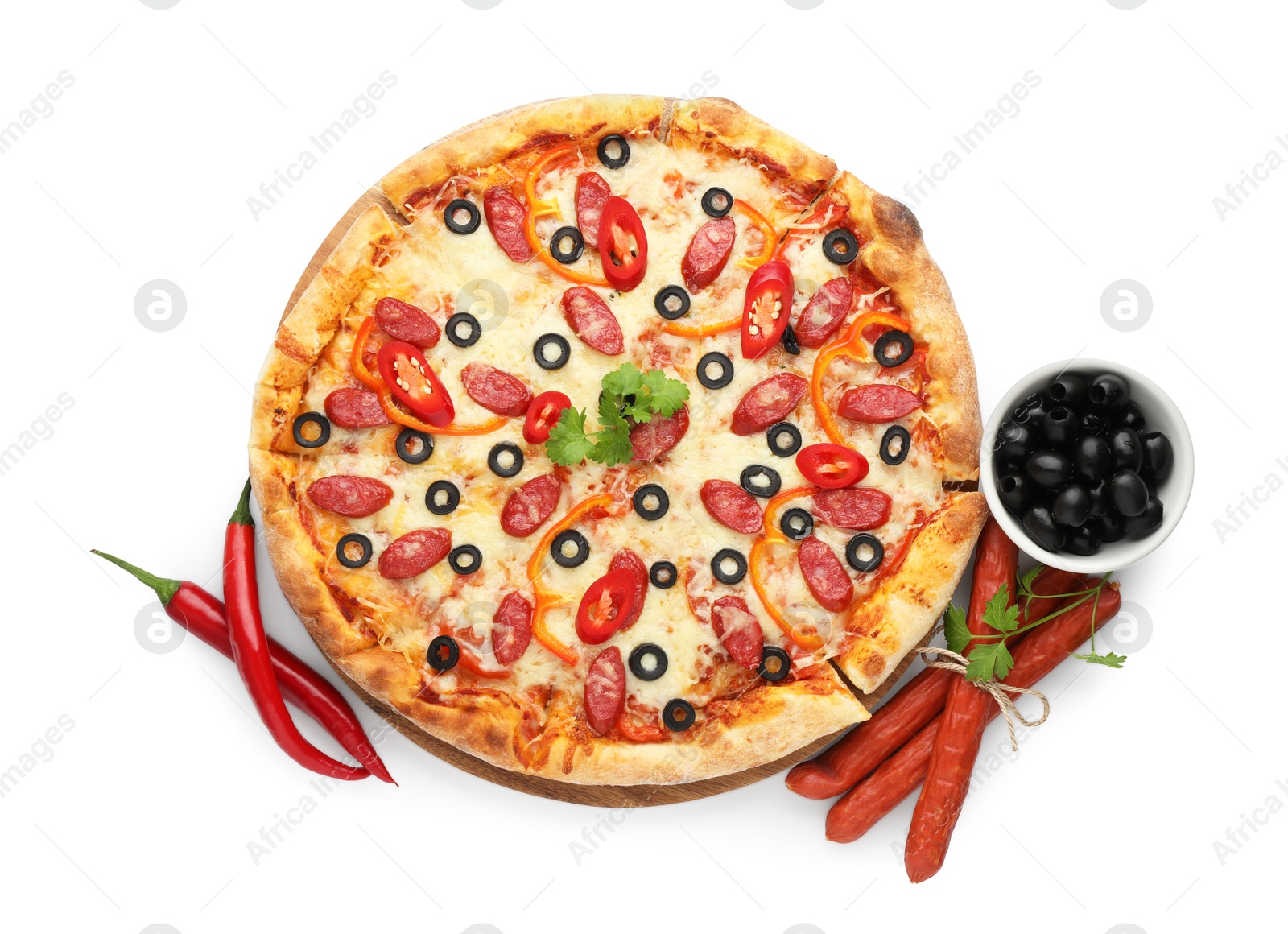 Photo of Tasty pizza with cheese, dry smoked sausages, olives and chili pepper isolated on white, top view