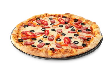 Tasty pizza with cheese, dry smoked sausages, olives and chili pepper isolated on white