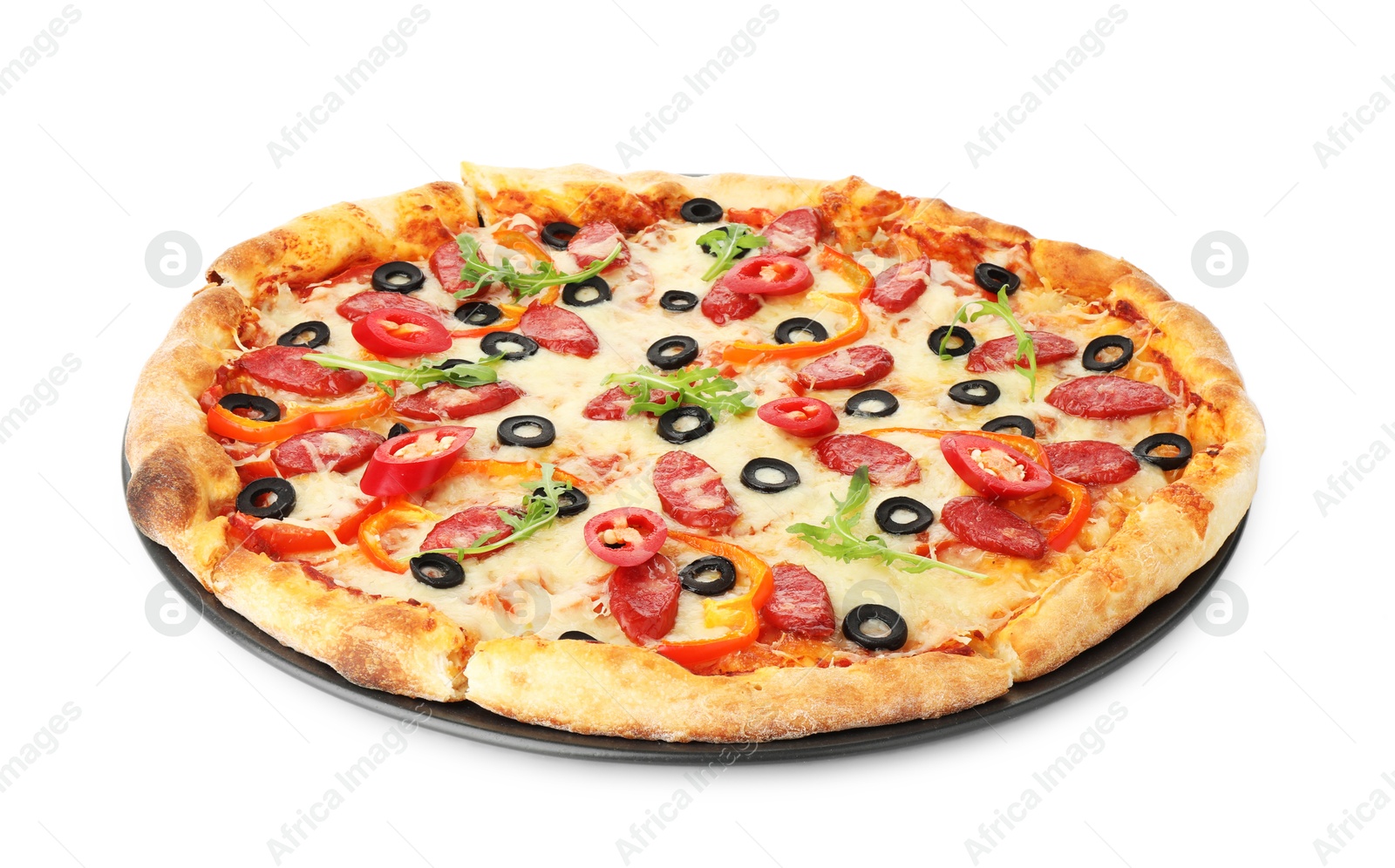 Photo of Tasty pizza with cheese, dry smoked sausages, olives, chili pepper and arugula isolated on white