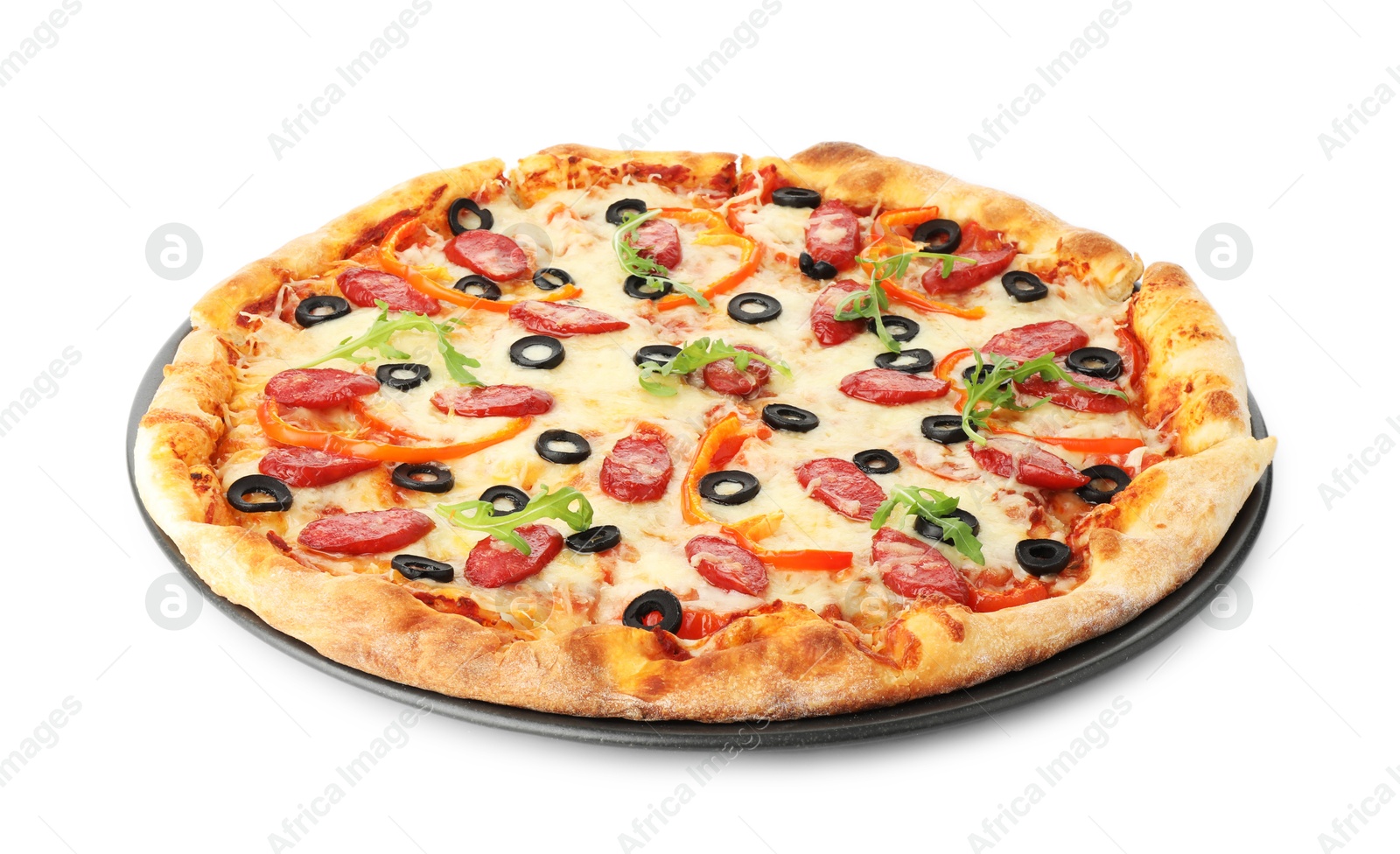 Photo of Tasty pizza with cheese, dry smoked sausages, olives, pepper and arugula isolated on white