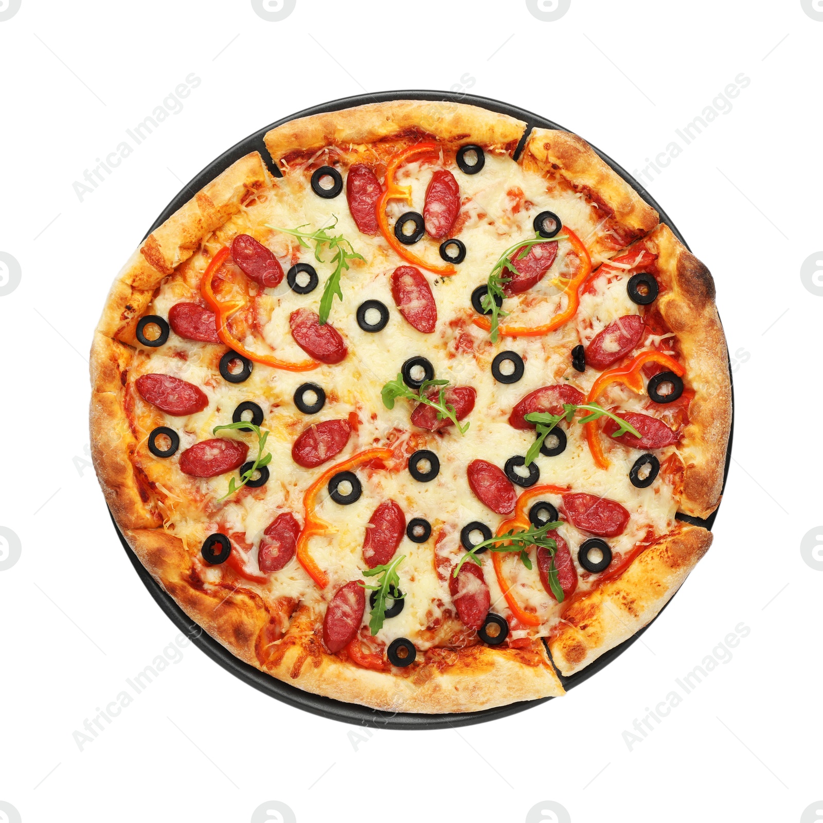 Photo of Tasty pizza with cheese, dry smoked sausages, olives, pepper and arugula isolated on white, top view