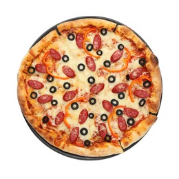 Photo of Tasty pizza with cheese, dry smoked sausages, olives and pepper isolated on white, top view