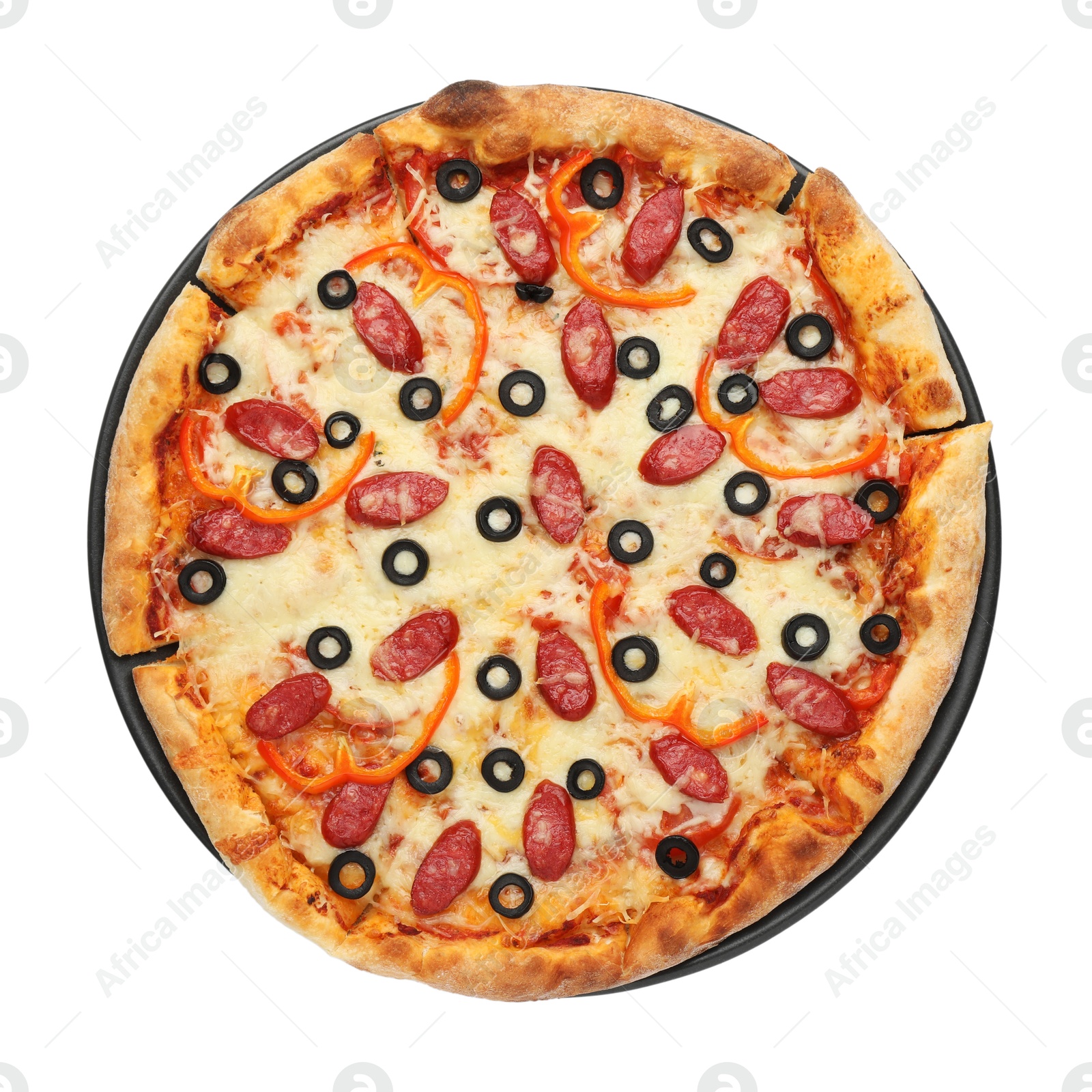 Photo of Tasty pizza with cheese, dry smoked sausages, olives and pepper isolated on white, top view