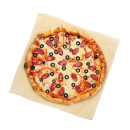 Tasty pizza with cheese, dry smoked sausages, olives and pepper isolated on white, top view