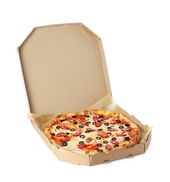 Photo of Tasty pizza with cheese, dry smoked sausages, olives and pepper in cardboard box isolated on white