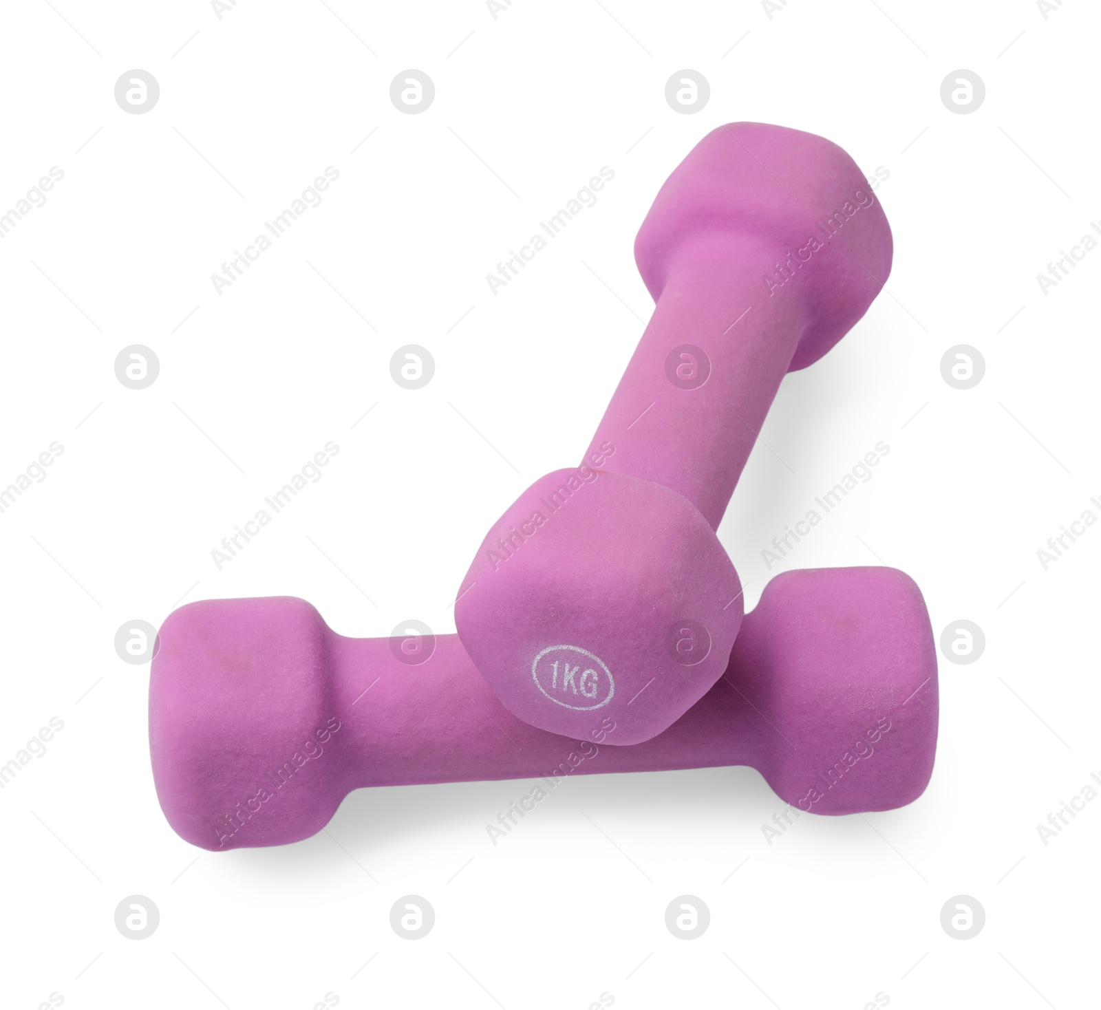 Photo of Violet dumbbells isolated on white. Sports equipment