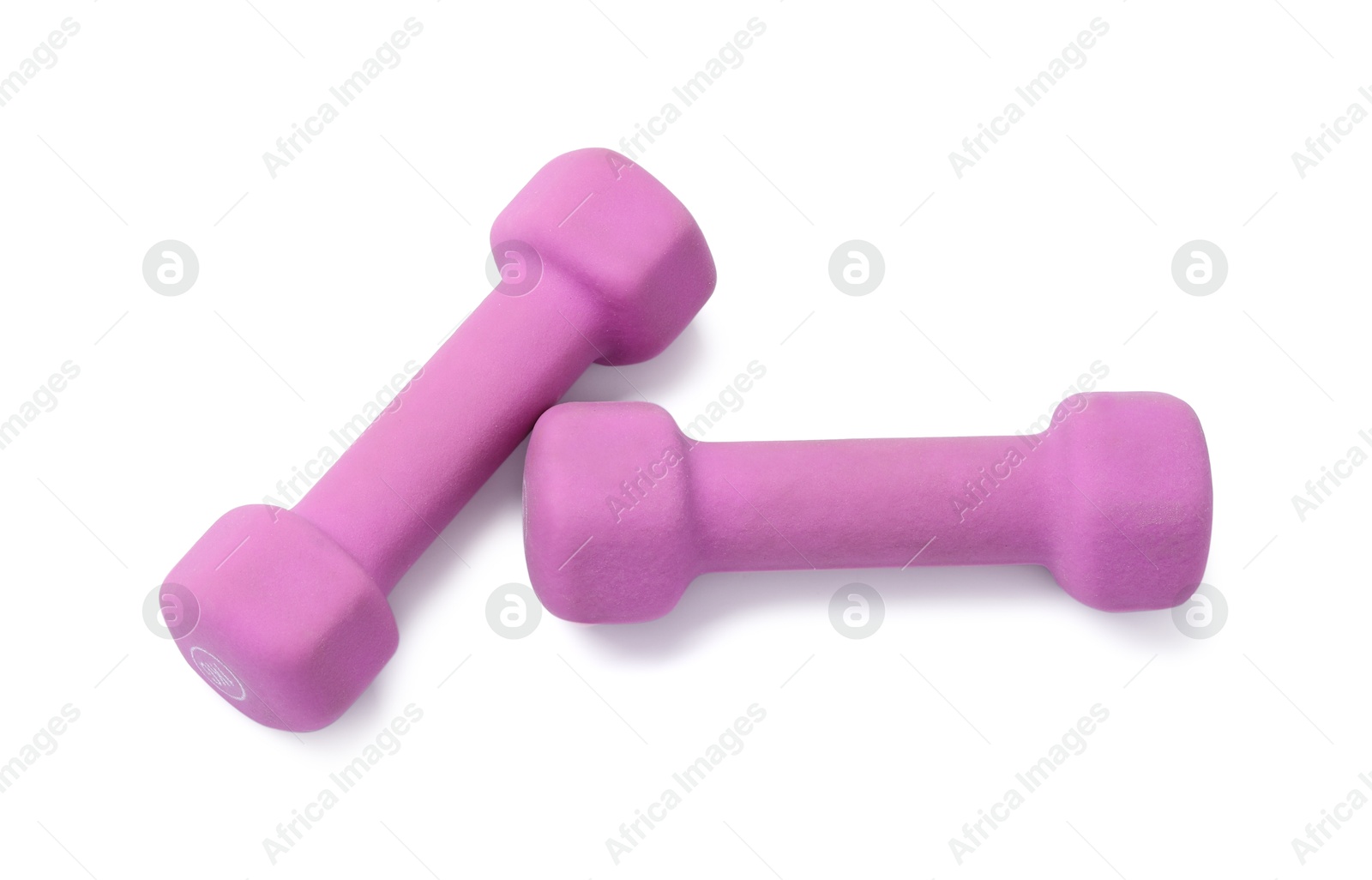 Photo of Violet dumbbells isolated on white. Sports equipment